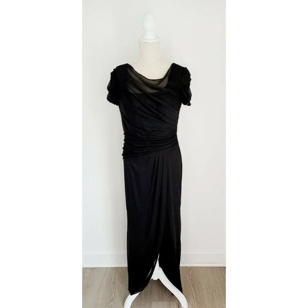 Alex Evenings Black Glitter Sparkle Short Sleeves Long Gown Party Dress 10